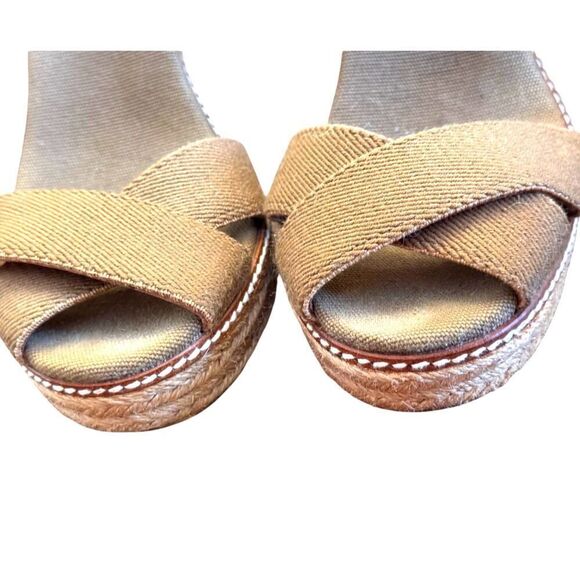 Tory Burch Designer Espadrille Wedges Sz 11 Olive Canvas Cognac Leather EUC - Picture 6 of 9